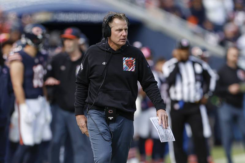 Chicago Bears head coach Matt Eberflus walks on the sidelines during the second half against the Minnesota Vikings, Sunday, Oct. 15, 2023, in Chicago.