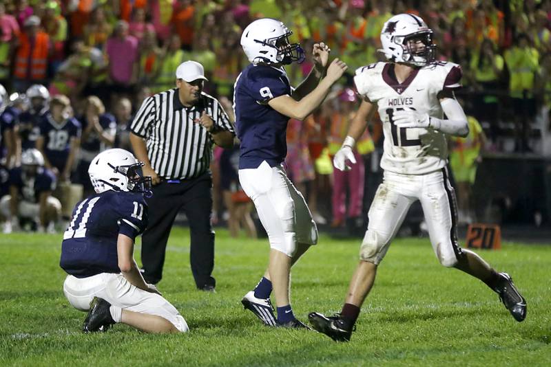 Cary-Grove's Jadon Apgar watches as his kick goes wide in the fourth quarter as Cary-Grove tries to tie Prairie Ridge during a Fox Valley Conference football game on Friday, Sept. 22, 2023, at Cary-Grove High School in Cary.