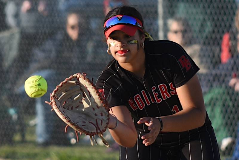 Bradley-Bourbonnais' Leila Middlebrook fields a throw at first base during a game at Bishop McNamara Thursday, May 7, 2026.