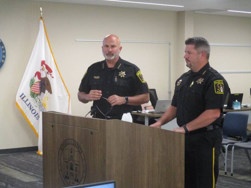 Kendall County Sheriff Dwight Baird, left, and Undersheriff Bobby Richardson outlined the fiscal year 2023 spending plan for the Kendall County Board on Sept. 7, 2022.
