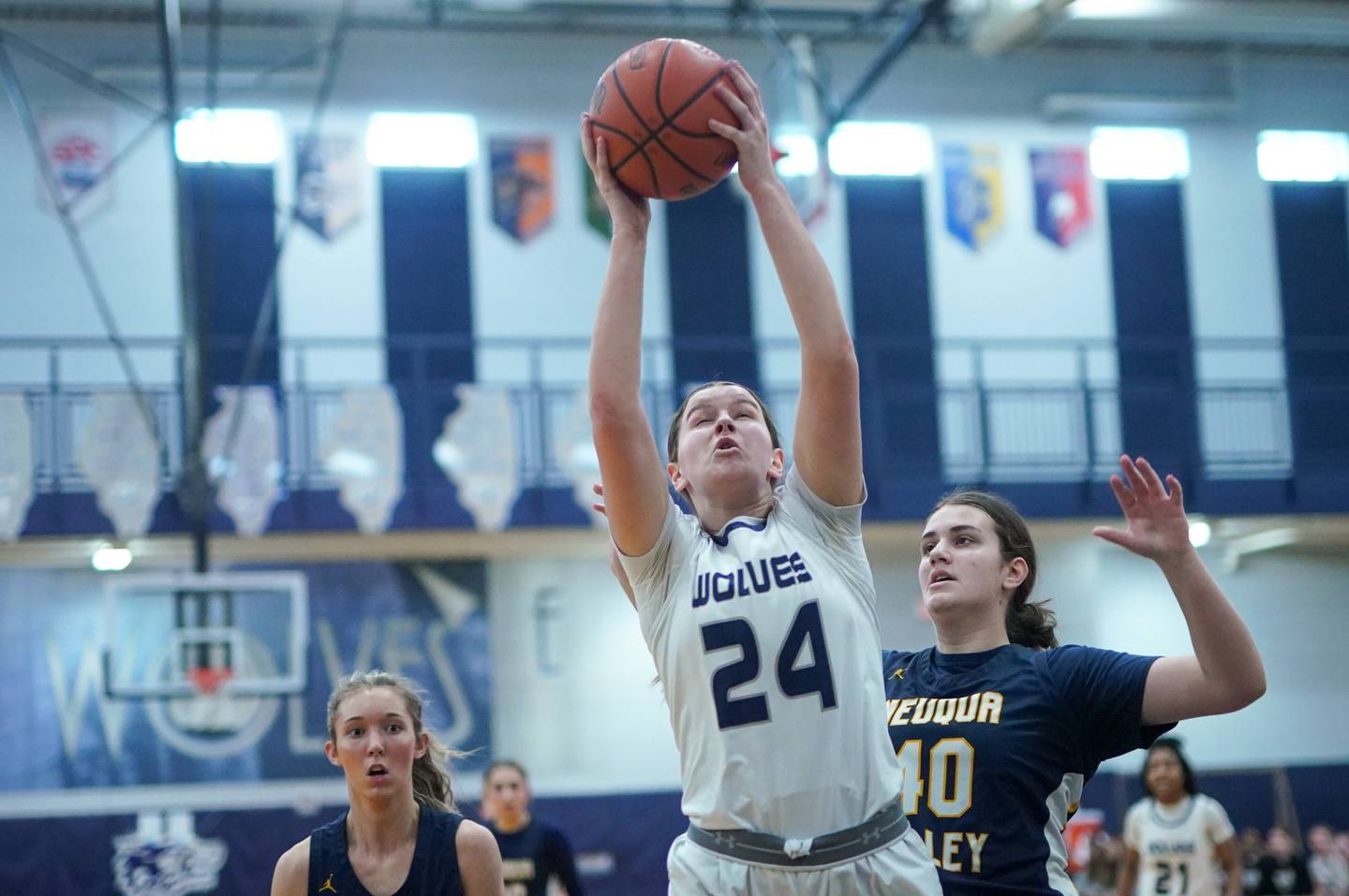 Oswego East's Ava Valek (24) rebounds the ball against Neuqua Valley's Michayla Stone (40) during a basketball game at Oswego East High School in Oswego on Saturday, Jan 6, 2024.