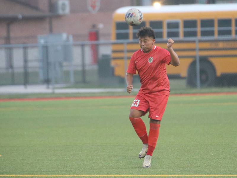 L-P's Shuarlin Cucul Cal puts a header on the ball against Ottawa on Monday, Oct. 6, 2025 at the L-P Athletic Complex in La Salle.