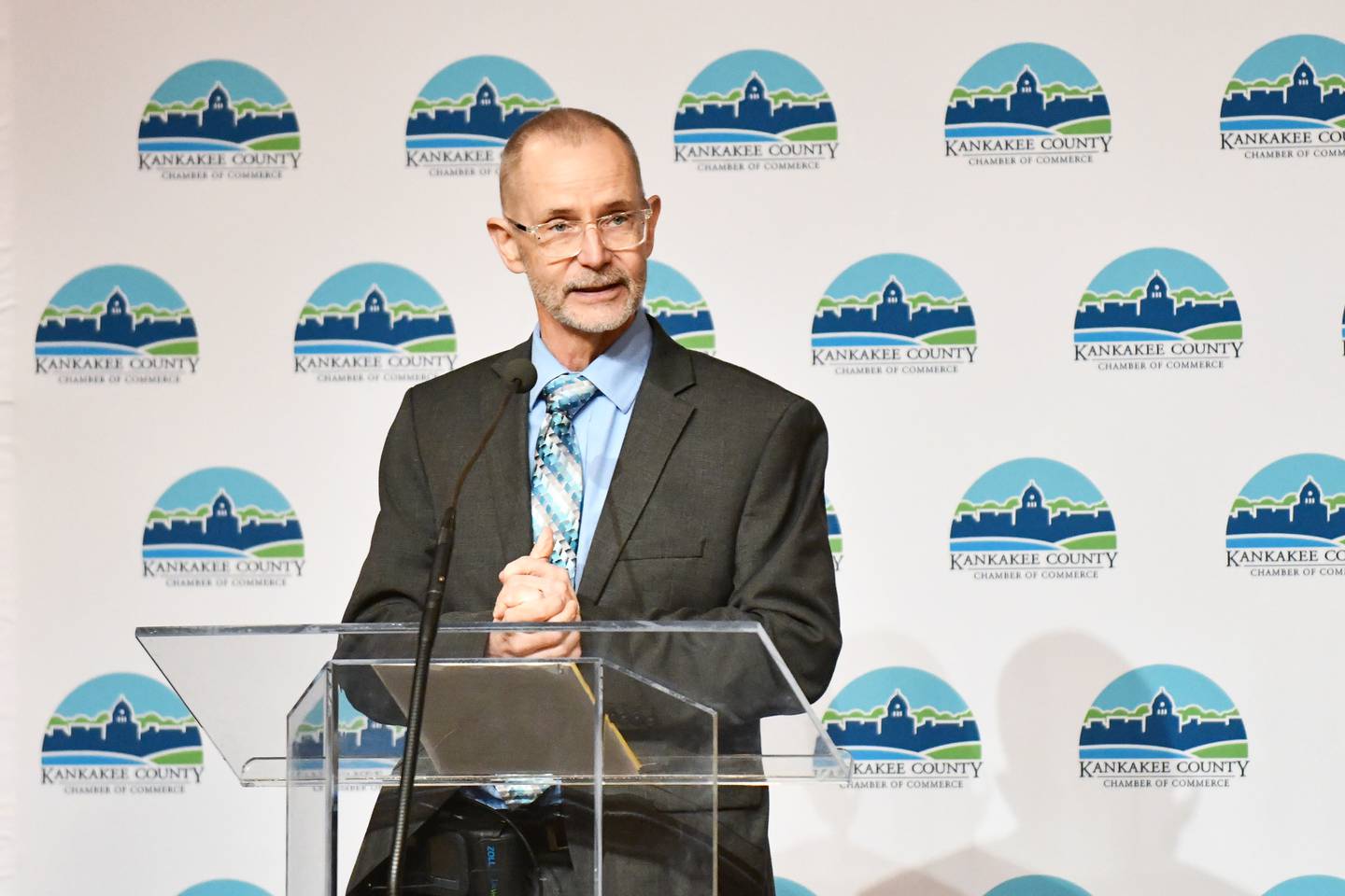 Kankakee County Health Administrator John Bevis speaks at the 2025 State of the County Address on Tuesday, March, 4, 2025, at Chalfant Hall at Olivet Nazarene University in Bourbonnais, hosted by the Kankakee County Chamber of Commerce.