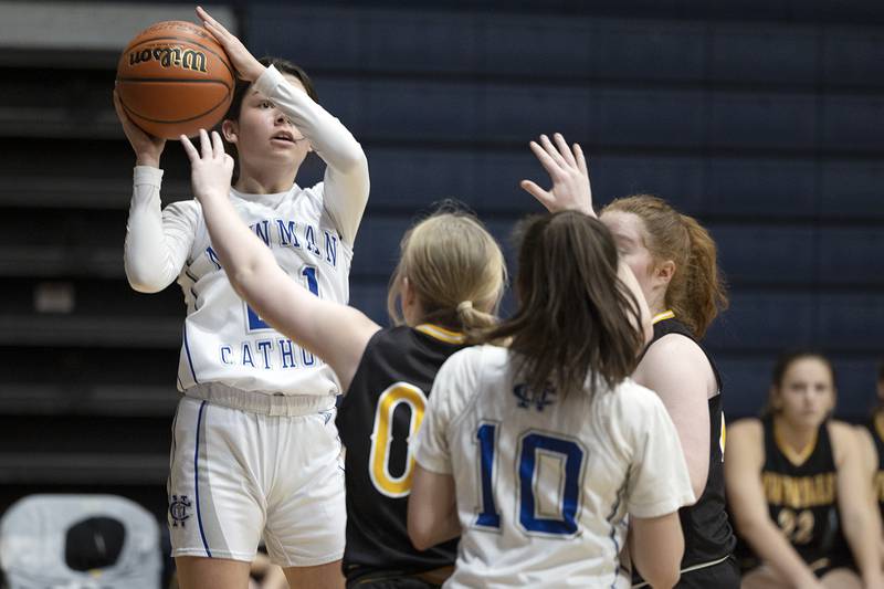 Newman’s Madison Duhon puts up a shot against Riverdale Thursday, Feb. 2, 2023.