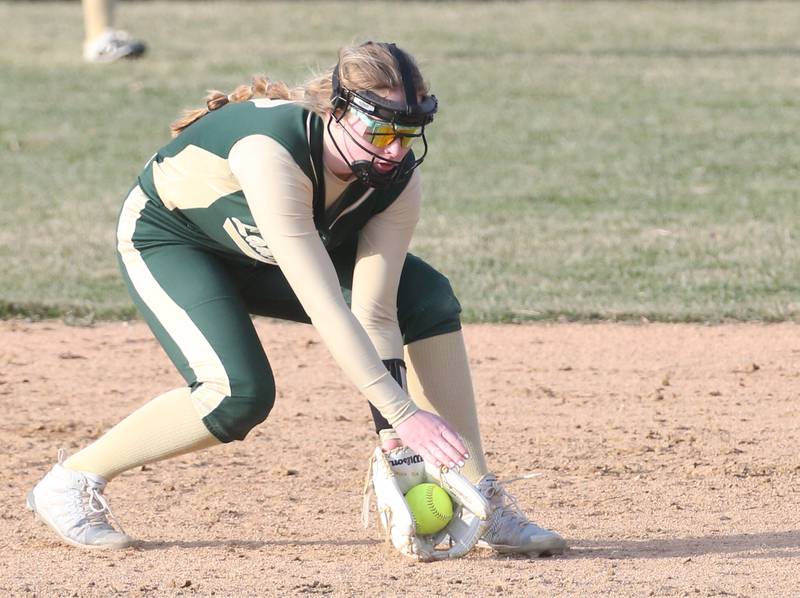 St. Bede's Madelyn Torrence fields a ground ball against Riverdale on Monday, March 20, 2023 at St. Bede Academy.