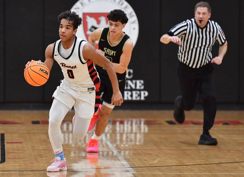 Benet’s Blake Fagbemi (0) takes off on a fast break during a game against St. Patrick on January 17, 2025 at Benet Academy in Lisle.
