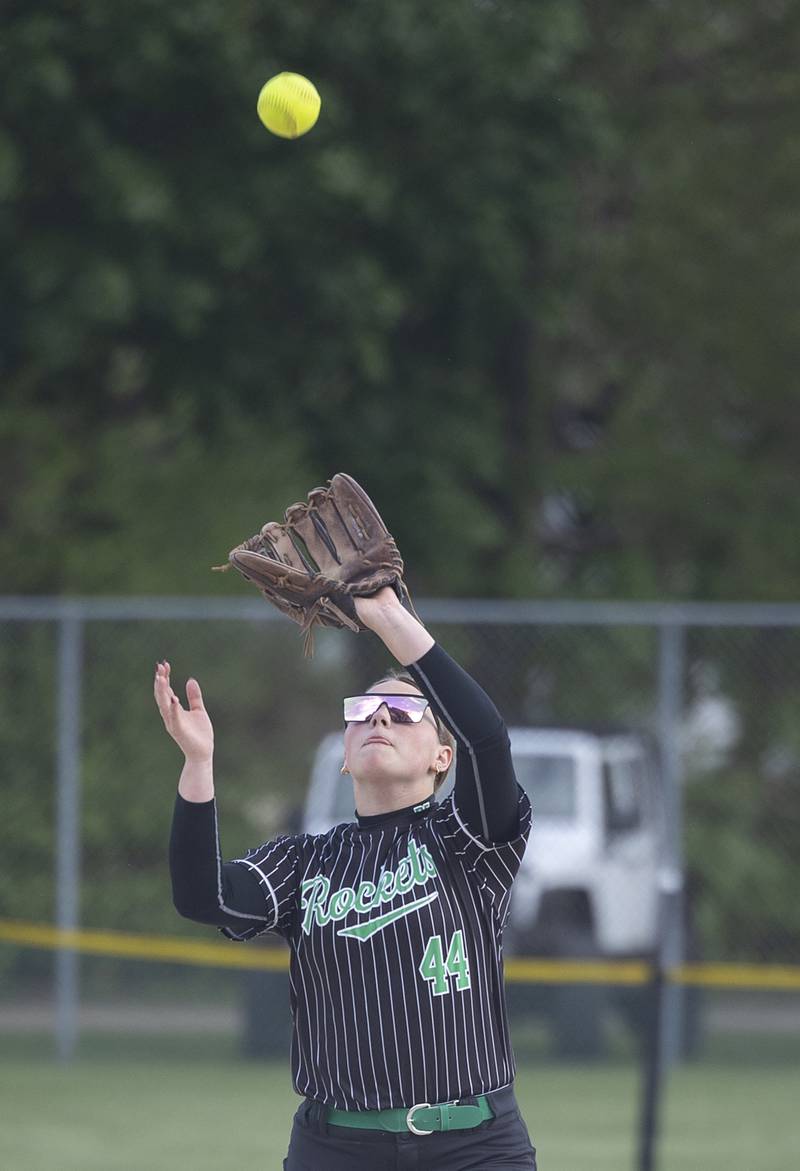 Rock Falls’ Korah Hosler pulls in a pop-up against Dixon Thursday, May 7, 2026.