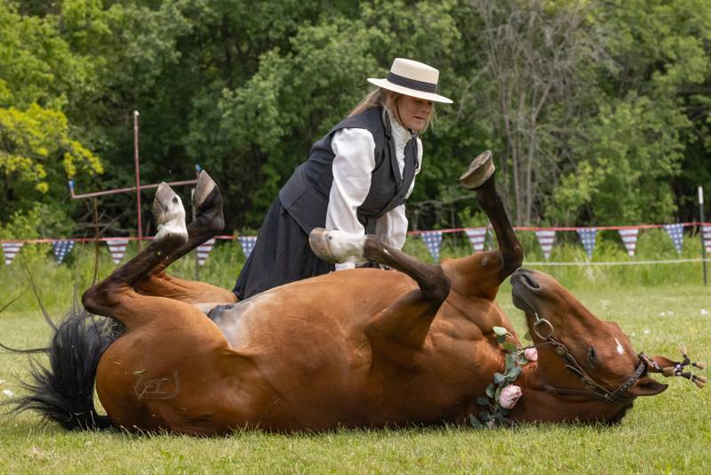 An actor in the Buffalo Bill's Wild West Extravaganza show gives the audience a look into the art of horse showman during Wild Bill Days on May 31, 2025 at Jamie's Outpost in Utica.