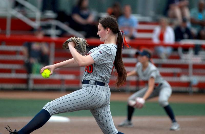 Oak Park-River Forest's Carolyn Rainey pitches during a IHSA Class 4A state semifinal game against Oswego on Friday, June 13, 2025 at the Louisville Slugger Sports Complex in Peoria.