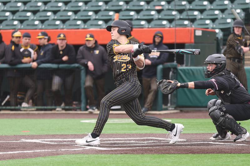 Joliet West’s Daniel Lukancic connects against Lockport in the WJOL Don Ladas Memorial baseball tournament championship game on Saturday, April 4, 2026 in Joliet.