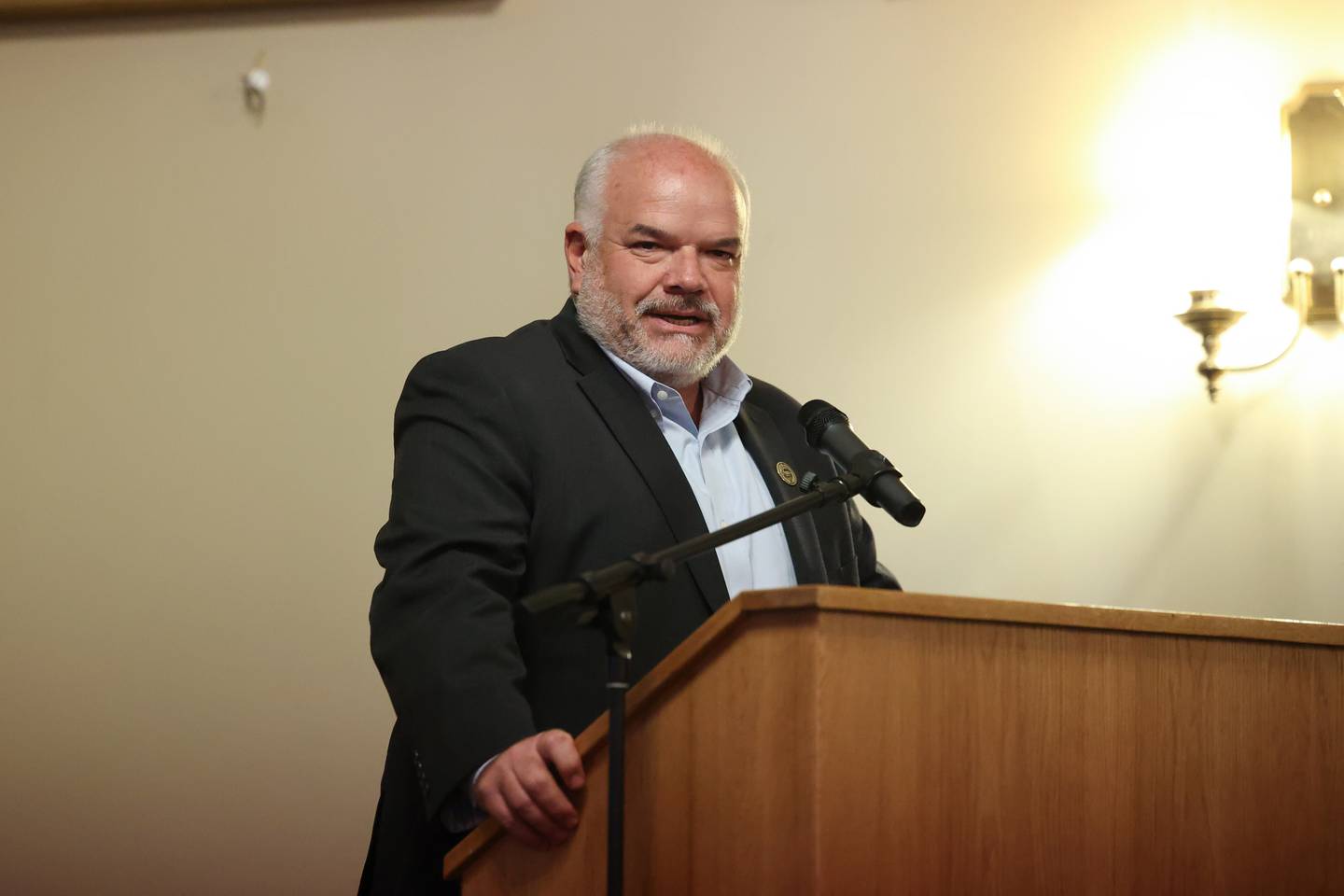 Village of Bourbonnais Administrator Mike VanMill speaks during the Kankakee County Chamber of Commerce's inaugural State of the Municipality event held at the Knights of Columbus in Kankakee Oct. 2, 2025.