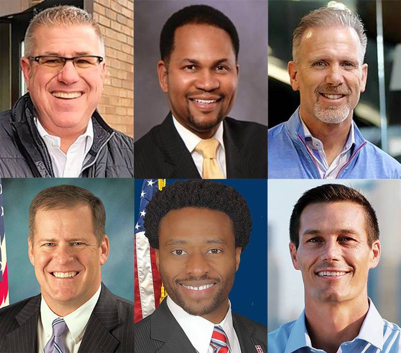 2022 Republican candidates for Illinois governor. Upper from left, Darren Baily, Richard Irvin, Gary Rabine. Lower left, Paul Schimpf, Max Solomon, Jesse Sullivan