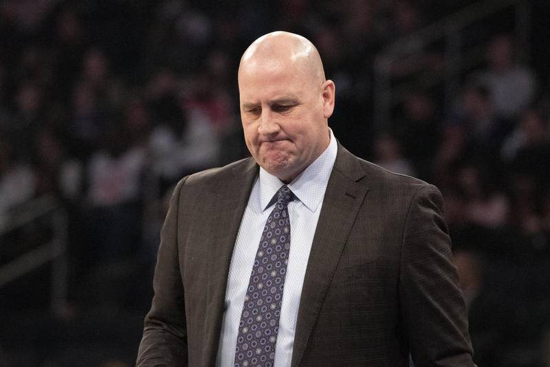 Chicago Bulls head coach Jim Boylen prepares for a team timeout during the first half of an NBA basketball game against the New York Knicks, Saturday, Feb. 29, 2020 in New York. (AP Photo/Mark Lennihan)