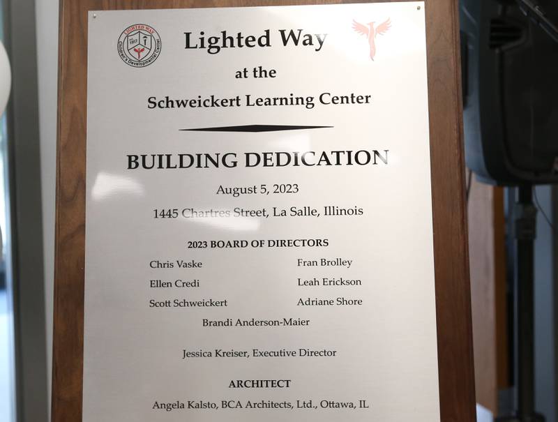 A view of the Building Dedication plaque honoring those who contributed during the ribbon cutting and dedication on Saturday, Aug. 5, 2023 in La Salle.
