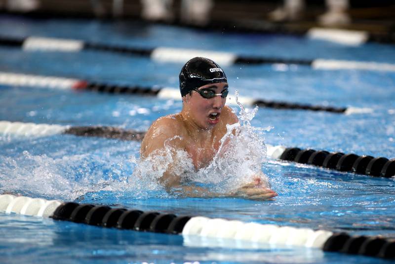 Hinsdale Central’s Matthew Vatev competes in the 100-yard breastroke championship heat during the IHSA Boys State Championships on Saturday, March 1, 2025 at the FMC Natatorium in Westmont.