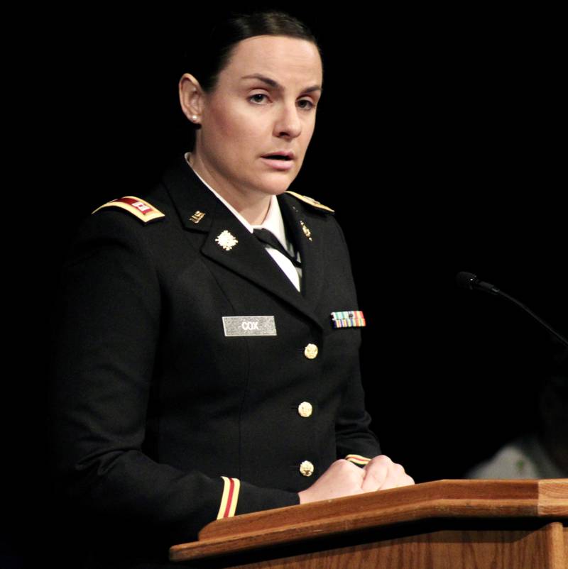 U.S. Army Capt. Taylor J-Beebe Cox, logistics officer at Rock Island Arsenal, gives the Veterans Day address in an observance Friday, Nov. 11, at Sterling High School Centennial Auditorium.