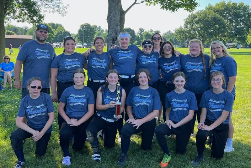 The Walnut Thunder placed fourth in the B League Softball Tournament in Princeton. Team members are: (front row, from left to right): Hayley Warkins, Paige Ledergerber, Abby Jamison, Melissa Heber, Natalie Edlefson and Maggie Besler; and (back row) Coach Scott Hitzler, Ashlyn Depatis, Kloey Trujillo, Emma Stull, Serenity Stone, Coach Sara Edlefson, Landry Hitzler, Katrina Wahl and Coach Olivia Eckberg.