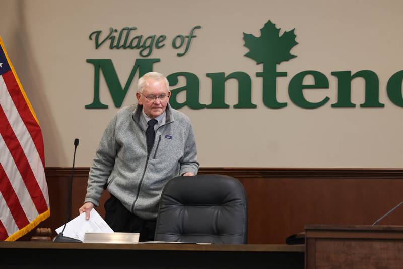 Manteno Mayor Tim Nugent pushes in his chair for the last time during the village board meeting on Monday, April 21, 2025.