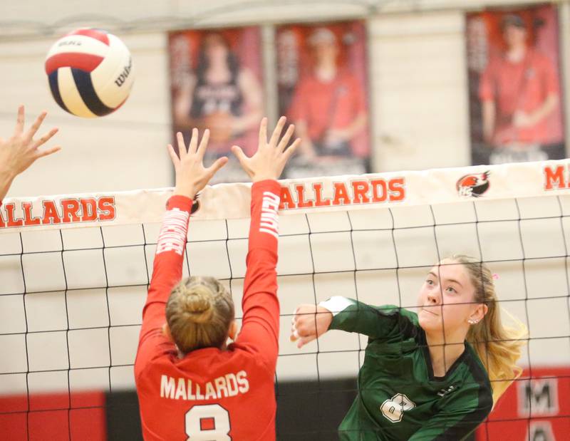 St. Bede's Nelle Potthoff sends the ball past Henry-Senachwine's Mazie Koll on Tuesday, Oct. 21, 2025 at Henry-Senachwine High School.