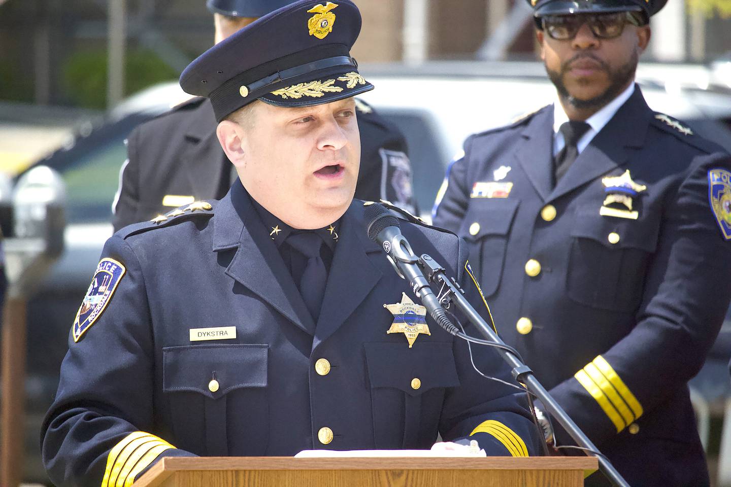Rockdale Police Chief Robert Dykstra speaks at the 44th Annual Will County Law Enforcement Memorial Day ceremony on Thursday, May 8, 2025, the Will County Law Enforcement Memorial, 14 W. Jefferson St., Joliet.