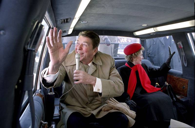 President Reagan and Nancy Reagan in the limousine waving to the crowd in Dixon on Feb. 6, 1984.