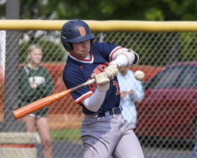 Oswego's Conor Tully (23) eyes a pitch during Class 4A Plainfield North Regional final baseball game between Oswego at Plainfield North. Saturday, May 31, 2025 in Plainfield.