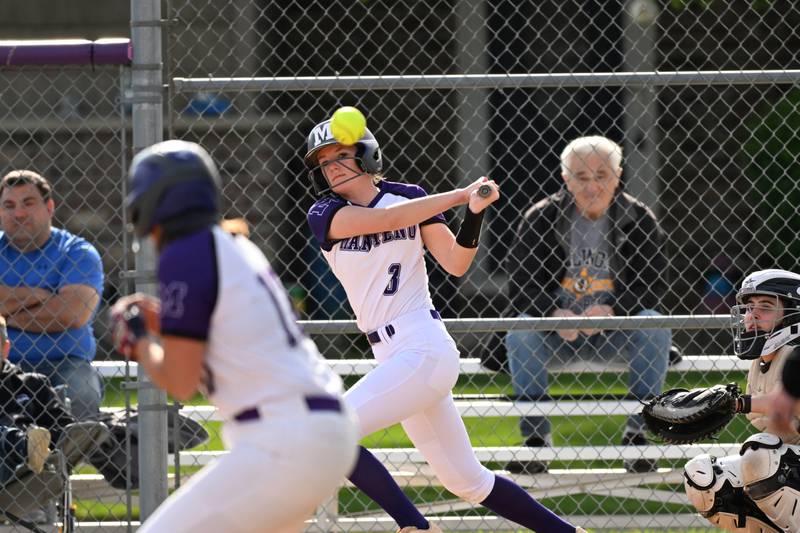 Manteno's Sophie Peterson strikes the ball during the Panthers' 4-1 victory against Herscher on Monday, May 5, 2025.