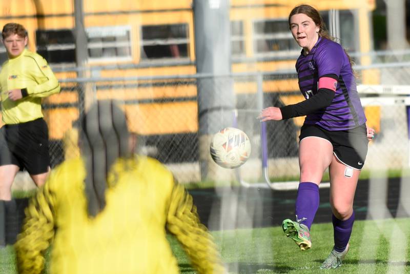 Manteno's Emily Horath takes a shot during a home game against Bishop McNamara Wednesday, April 29, 2026.