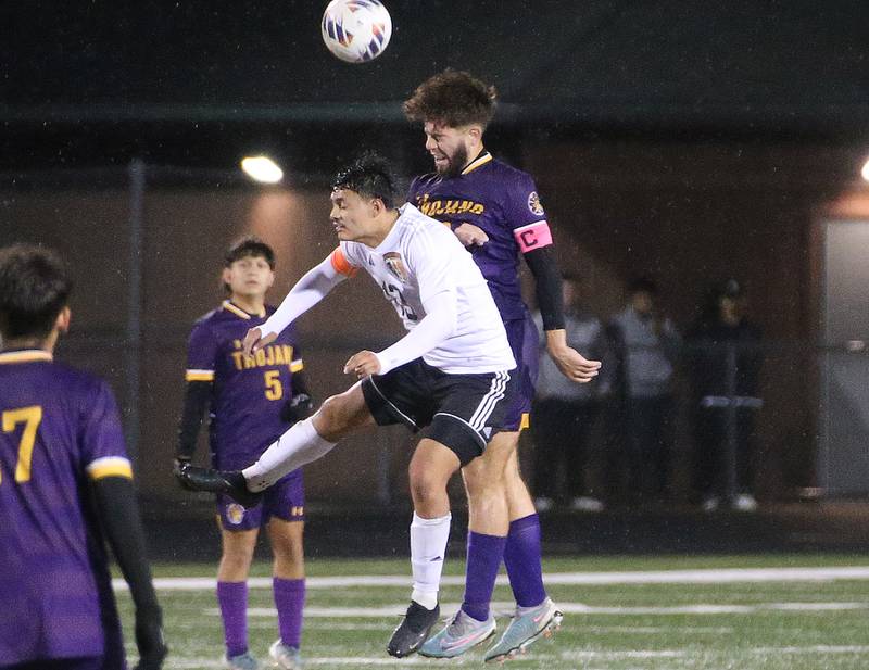 Mendota's David Casas beats Kewanee's Christian Cazares to a header during the Class 1A Regional game on Wednesday Oct. 18, 2023 at Mendota High School.