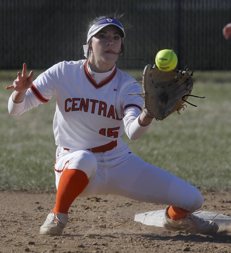 Crystal Lake Central’s Carone Gianna fields a throw to second base during a Fox Valley Conference softball game against Cary-Grove Thursday, April 6, 2023, at Crystal Lake Central High School.