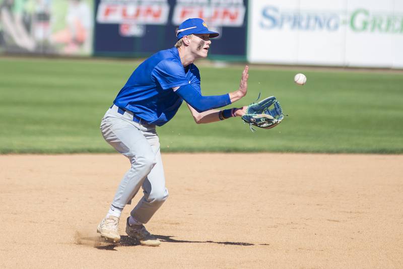 Maroa-Forsyth’s Ethan Willoughby makes a play against Richmond-Burton Friday, June 3, 2022 during the IHSA Class 2A baseball state semifinal.