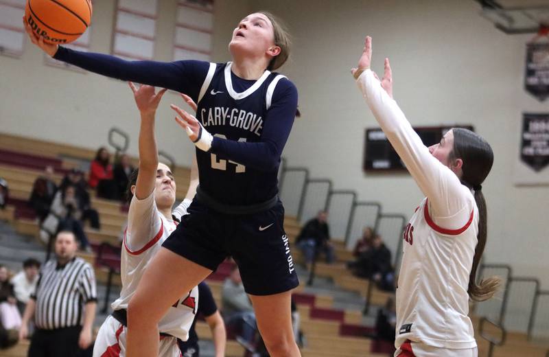 Cary-Grove’s Aria Stanton glides to the hoop in varsity girls basketball on Monday, Feb. 2, 2026, at Huntley High School in Huntley.