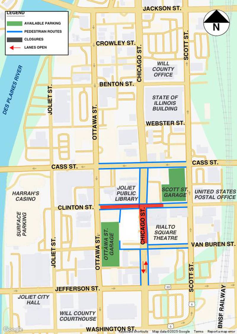 As part of the next phase of construction for the downtown Chicago Street Streetscape project in Joliet, traffic control and safety measures will be changing for approximately two weeks beginning  Monday, June 16, 2025.