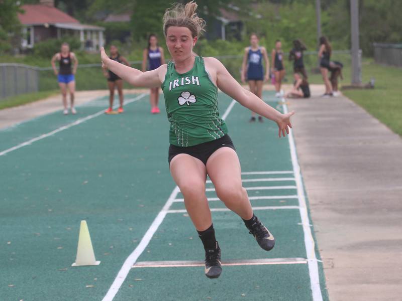 Seneca's Delaney Cato competes in the long jump during the Class 1A Sectional track meet on Thursday, May 15, 2025 at Seneca High School.