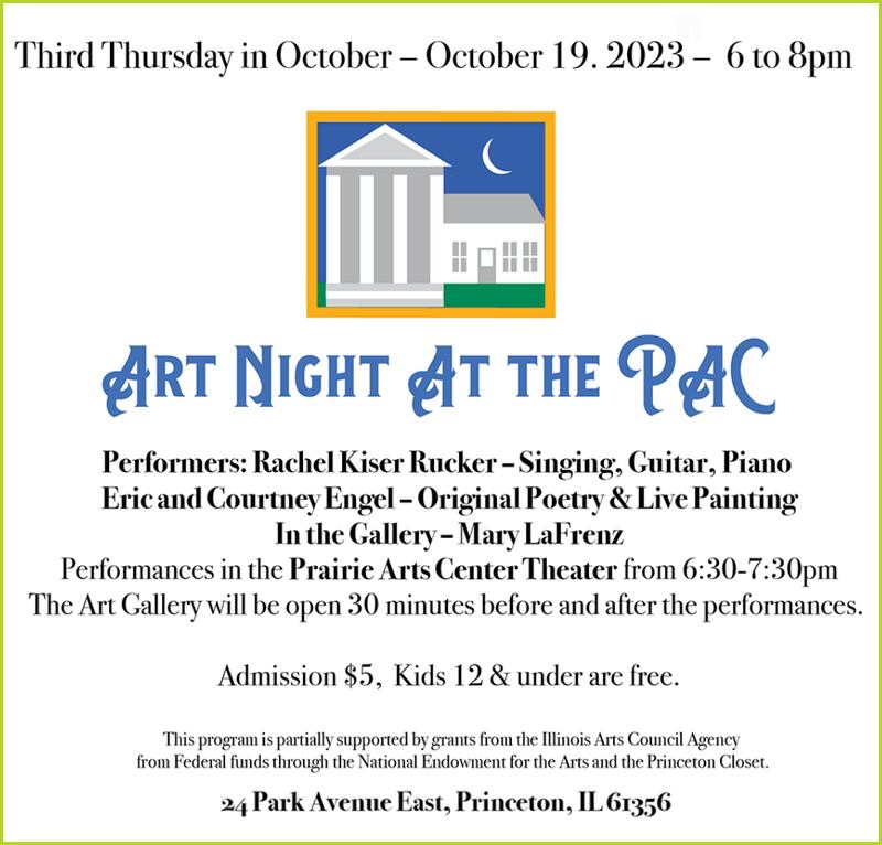 Art Night at the Prairie Arts Council will be held from 6 to 8 p.m. on Thursday, Oct. 19 at 24 Park Ave. E. in Princeton.
