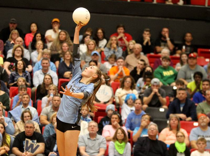 Willowbrook’s Anna Marinier goes up for.a kill during their Class 4A Proviso West Sectional final against St. Charles East on Wednesday, Nov. 2, 2022.
