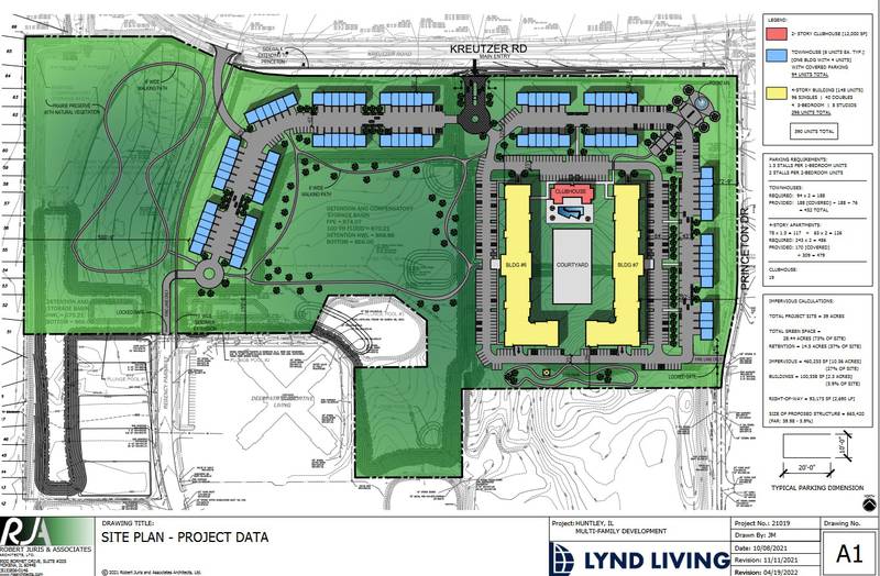 A site map of what the 400-unit development at Regency Square by Lynd Living could look like if ultimately approved in its current form. Lynd appeared in front of the Huntley Village Board at its April 28, 2022 meeting to pitch a series of changes to the project, which was originally proposed in February.