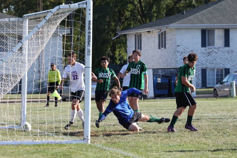 Bishop McNamara goalkeeper Matthew Buzas dives after a Manteno goal during the Panthers' 10-0 victory over Bishop McNamara on Monday, Sept. 8, 2025.