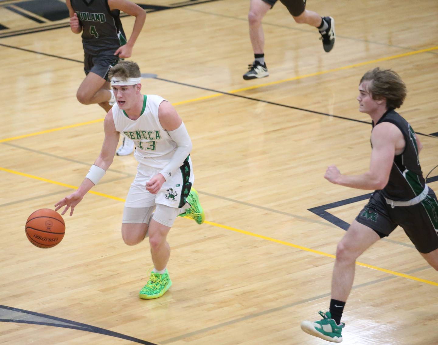 Seneca's Paxton Giertz runs in all alone to score against Midland during the Tri-County Conference Tournament on Thursday, Jan. 25, 2024 at Putnam County High School.