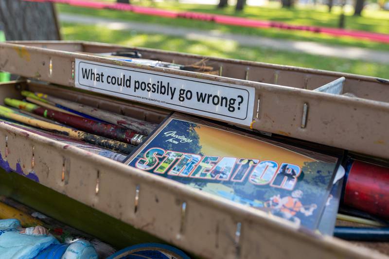 Walldogs paint box sits on table at painting of mural on Thursday, Sept. 11, 2025 at City Park in Streator.