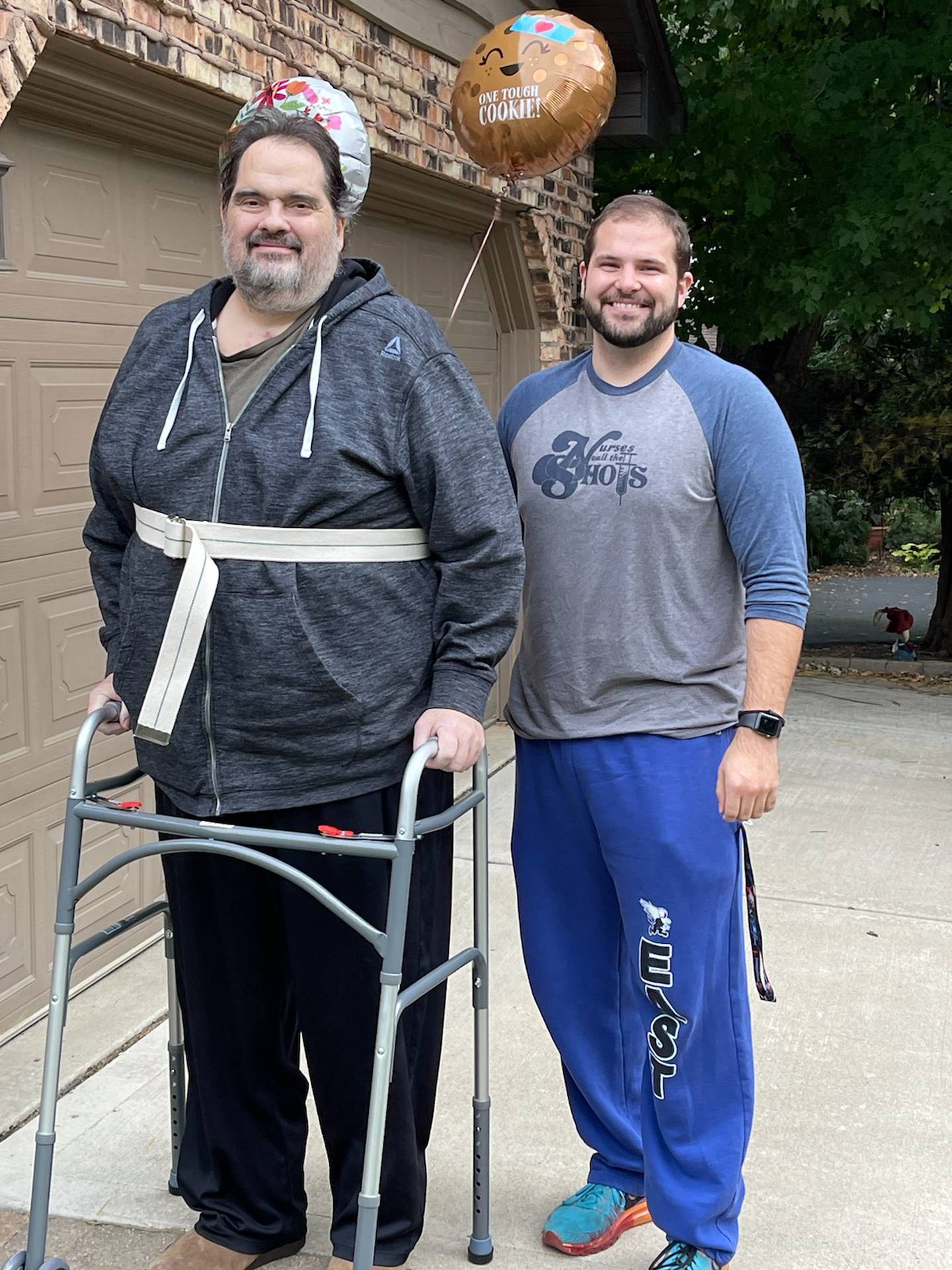 George Fushi of Frankfort (left) was admitted to Silver Cross Hospital in New Lenox on July 2, 2022 and was not released until late October. He is still working hard to rebuild his muscle.