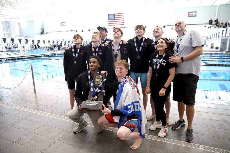 Marmion swimmers celebrate their second-place finish in the IHSA Boys State Championships on Saturday, March 1, 2025 at the FMC Natatorium in Westmont.