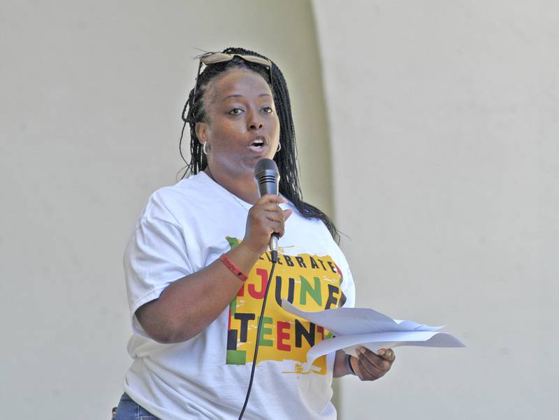 Event organizer Tina Wren speaks to the Juneteenth crowd. The Sauk Valley Diversity Alliance hosted a Juneteenth Celebration Event on Saturday, June 21st, 2025 at the Grandon Civic Center in Sterling.