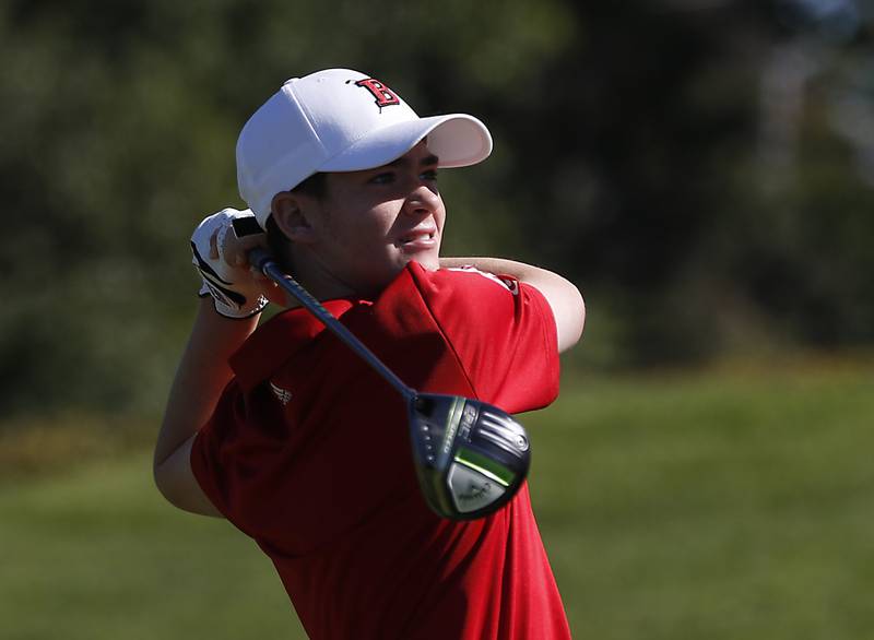 Barrington’s William Lange watches his tee shot on the first hole during the IHSA Boys’ Class 3A Sectional Golf Tournament Monday, Oct. 3 2022, at Randall Oaks Golf Club in West Dundee.