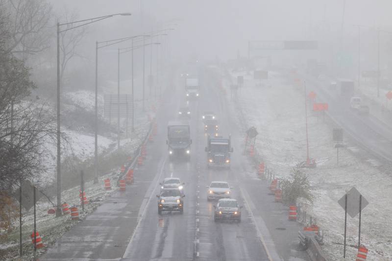 The first snowfall of the season slows traffic along Eastbound I-80 on Thursday, Nov. 21, 2024.