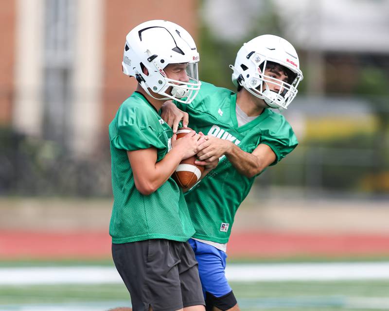 York defensive backs go through drills at first day of football practice. Aug 12, 2024