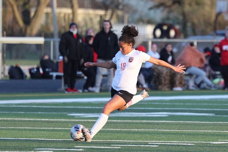 Bradley-Bourbonnais' Nia Lawrence takes a shot on goal from midfield during the Boilermakers' 3-2 loss to Herscher on Tuesday, April 15, 2025.