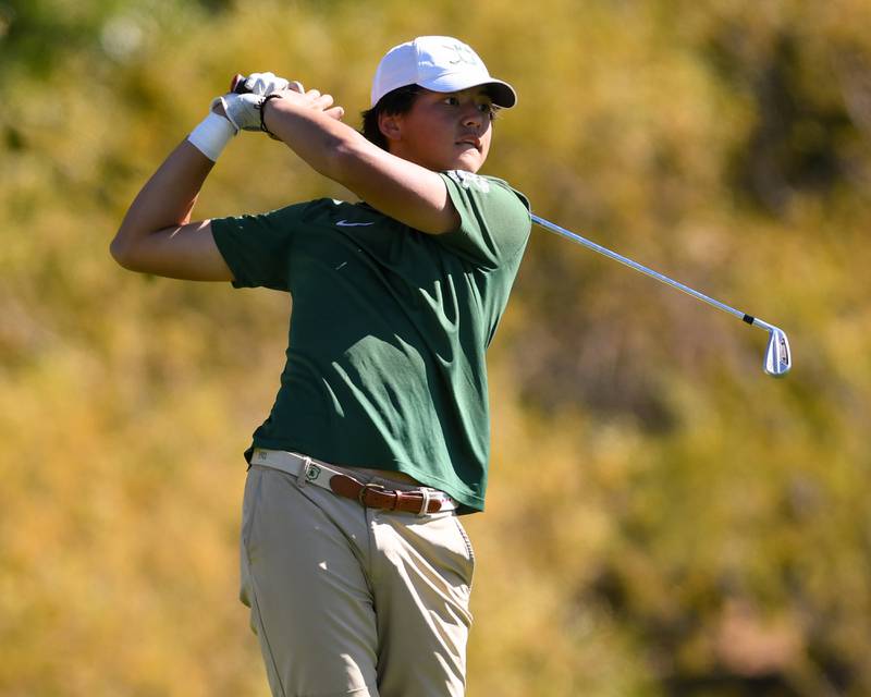 Glenbard West’s Ivan Blood tees off on Monday Oct. 7, 2024, during the 3A sectional match held at Blackberry Oaks Golf Course in Bristol.