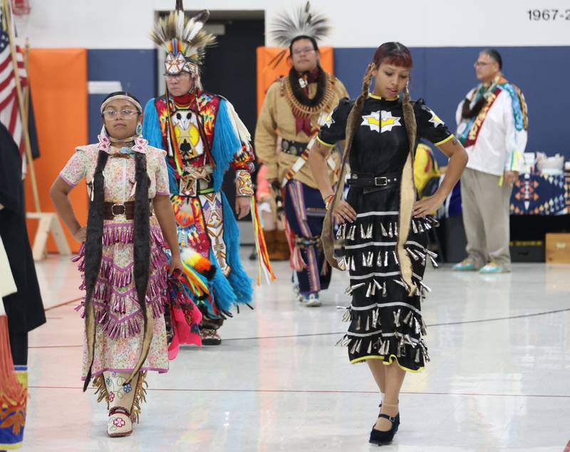Native Americans lead the Grand Entry for the Starved Rock Pow Wow on Saturday, Nov. 1, 2025 at the Utica Village Hall.