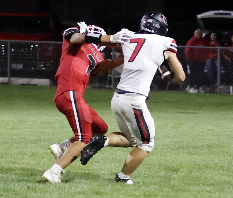 EP #7 Gaven Adams stiff arms the Red Devils #7 Dylan Gynn to then charge into the endzone for the Panthers 2nd touchdown Friday evening in Hall. The Panthers would add 6 more points before the night was over, ending the game EP 19 Hall 7.